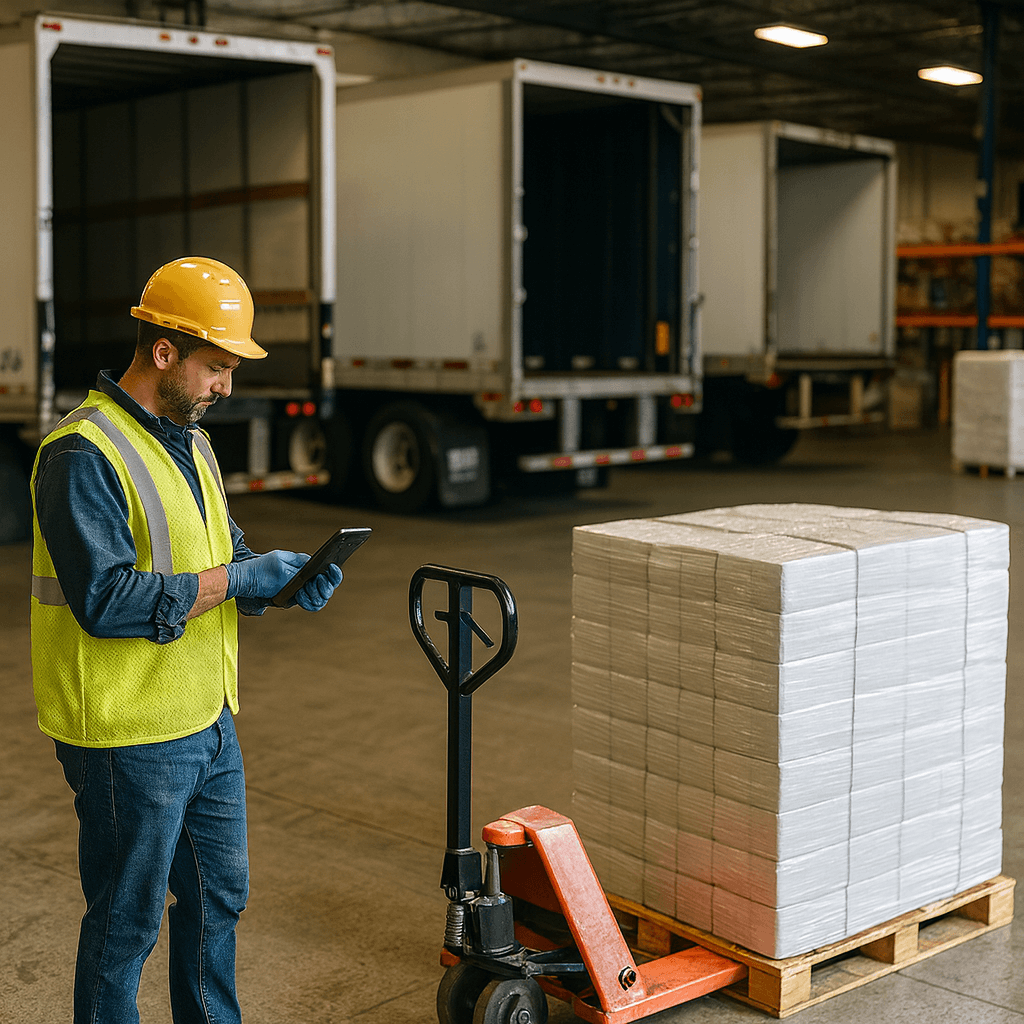 T2G dock supervisor checking a pallet against the delivery sequence on a tablet